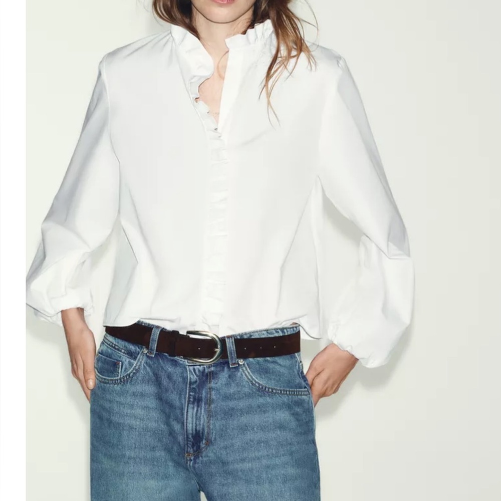 Zara White Ruffled Poplin Blouse High Neck V-Neck Puff Sleeve Top Womens XL NWT